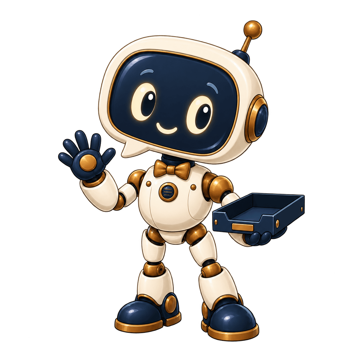 Jive, our friendly ivory-and-gold robot mascot, waving hello